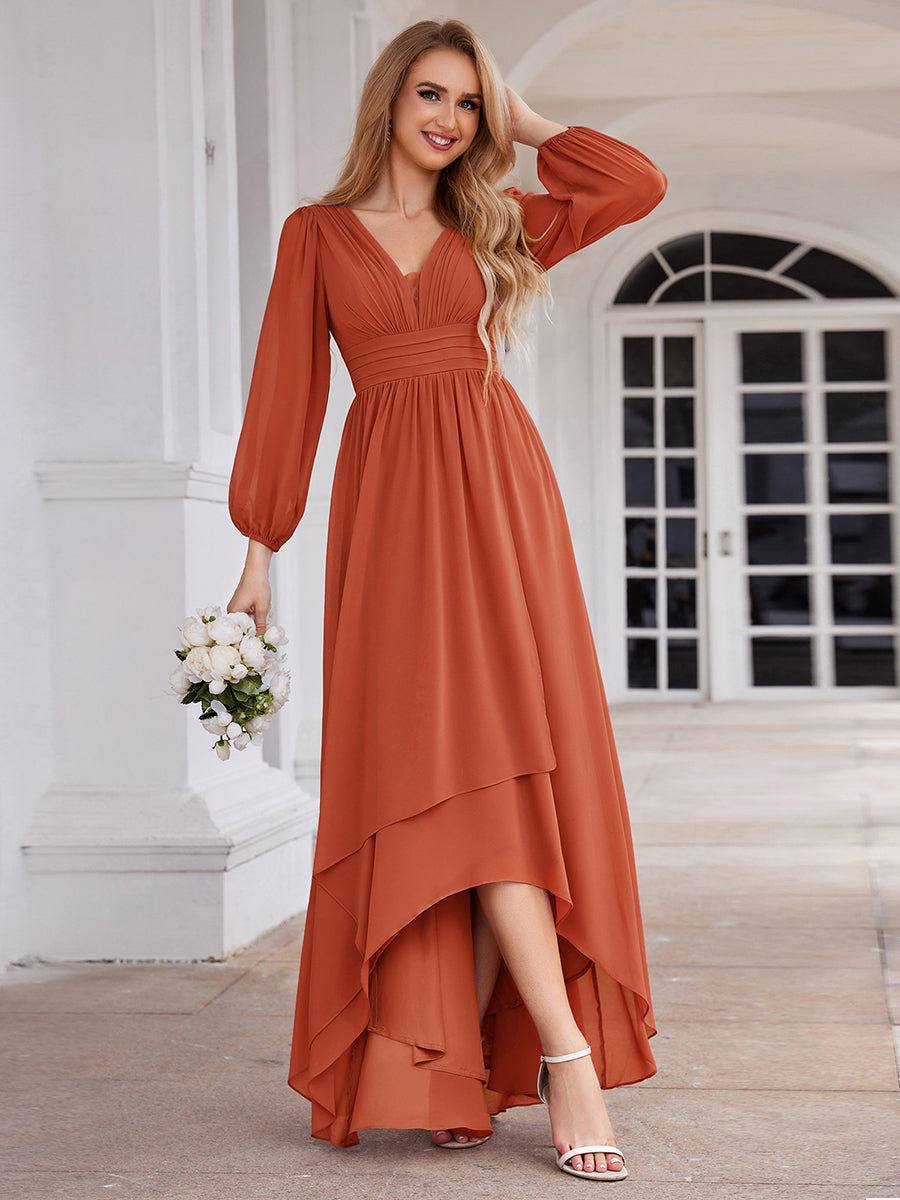 Charmante Robe De Demoiselle D'honneur Plissée À Manches Lanternes En Mousseline De Soie Et Taille Haute #Couleur_Burnt Orange