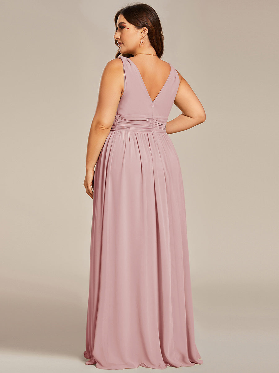 Col V sans manches plissé chiffon robe de soirée #Couleur_Rose fumee