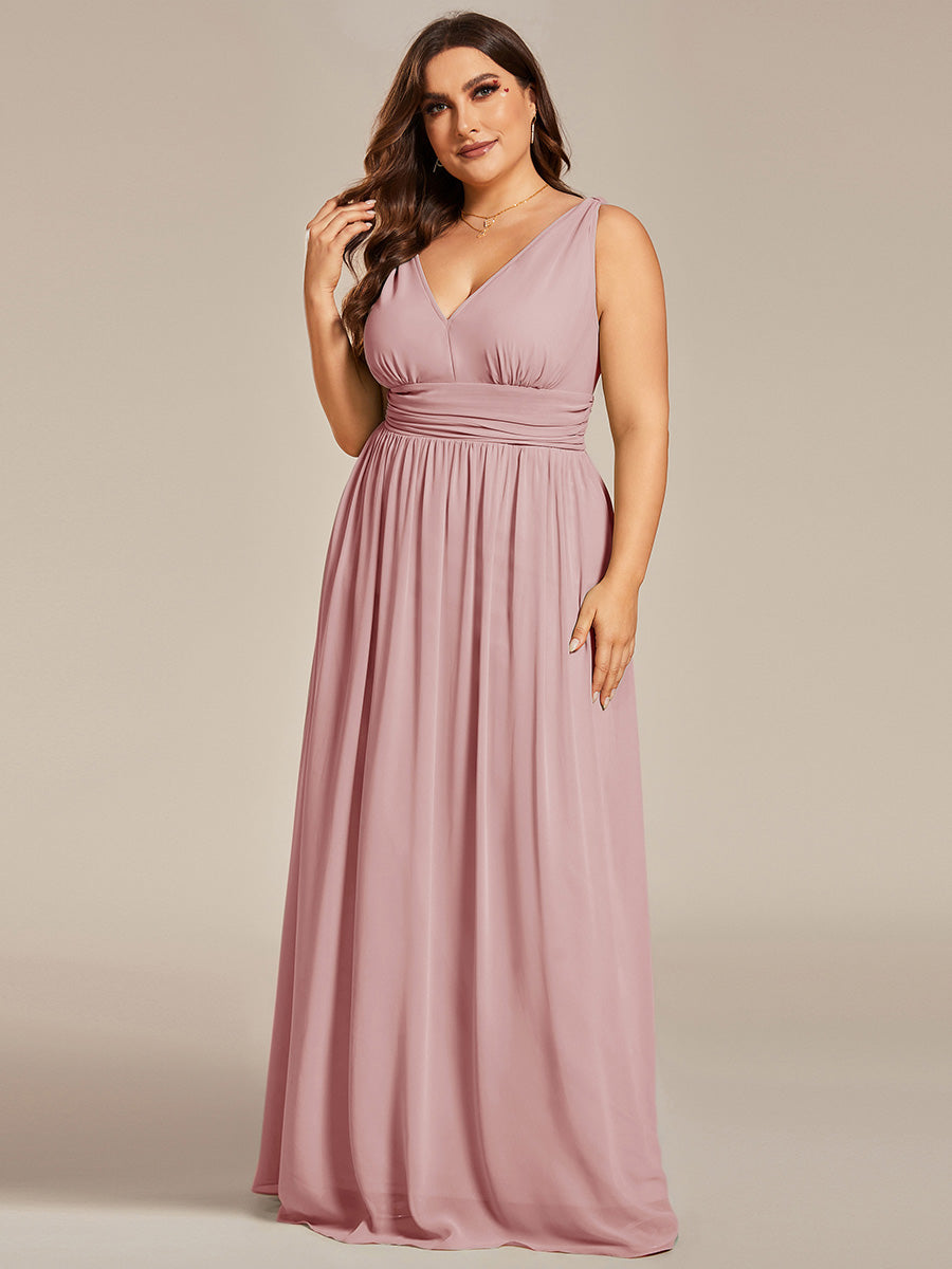 Col V sans manches plissé chiffon robe de soirée #Couleur_Rose fumee