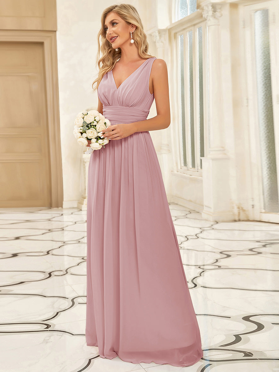 Col V sans manches plissé chiffon robe de soirée #Couleur_Rose fumee