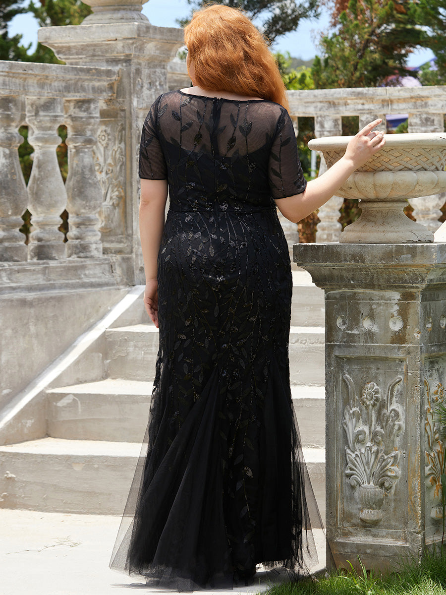 Robe Sirène Grande Taille en Tulle à Imprimé Floral et Paillettes #Couleur_Noir