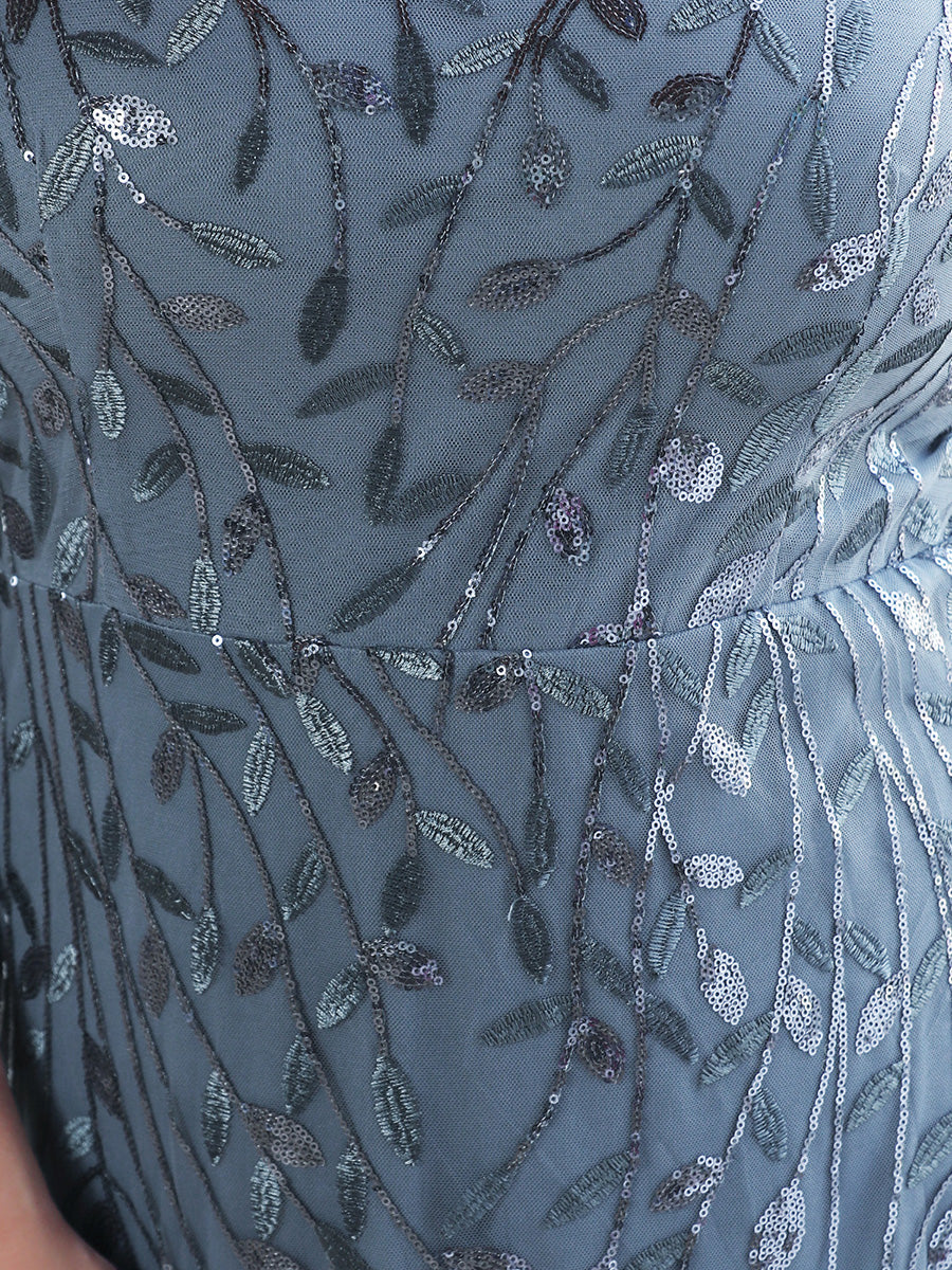 Robe Sirène Grande Taille en Tulle à Imprimé Floral et Paillettes #Couleur_Marine Fume