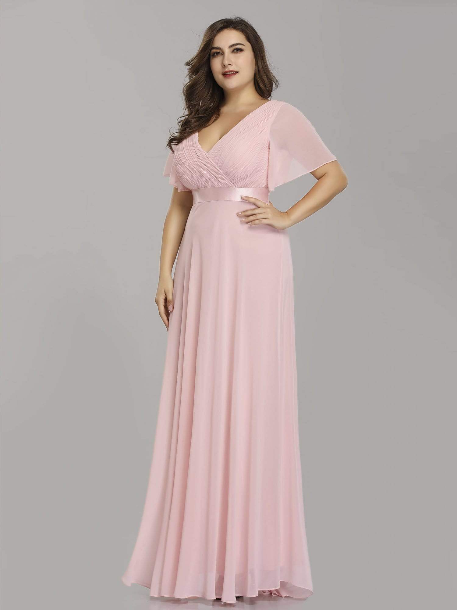 Robe de Soirée Grande Taille Empire avec Manches Flottantes #Couleur_Rose