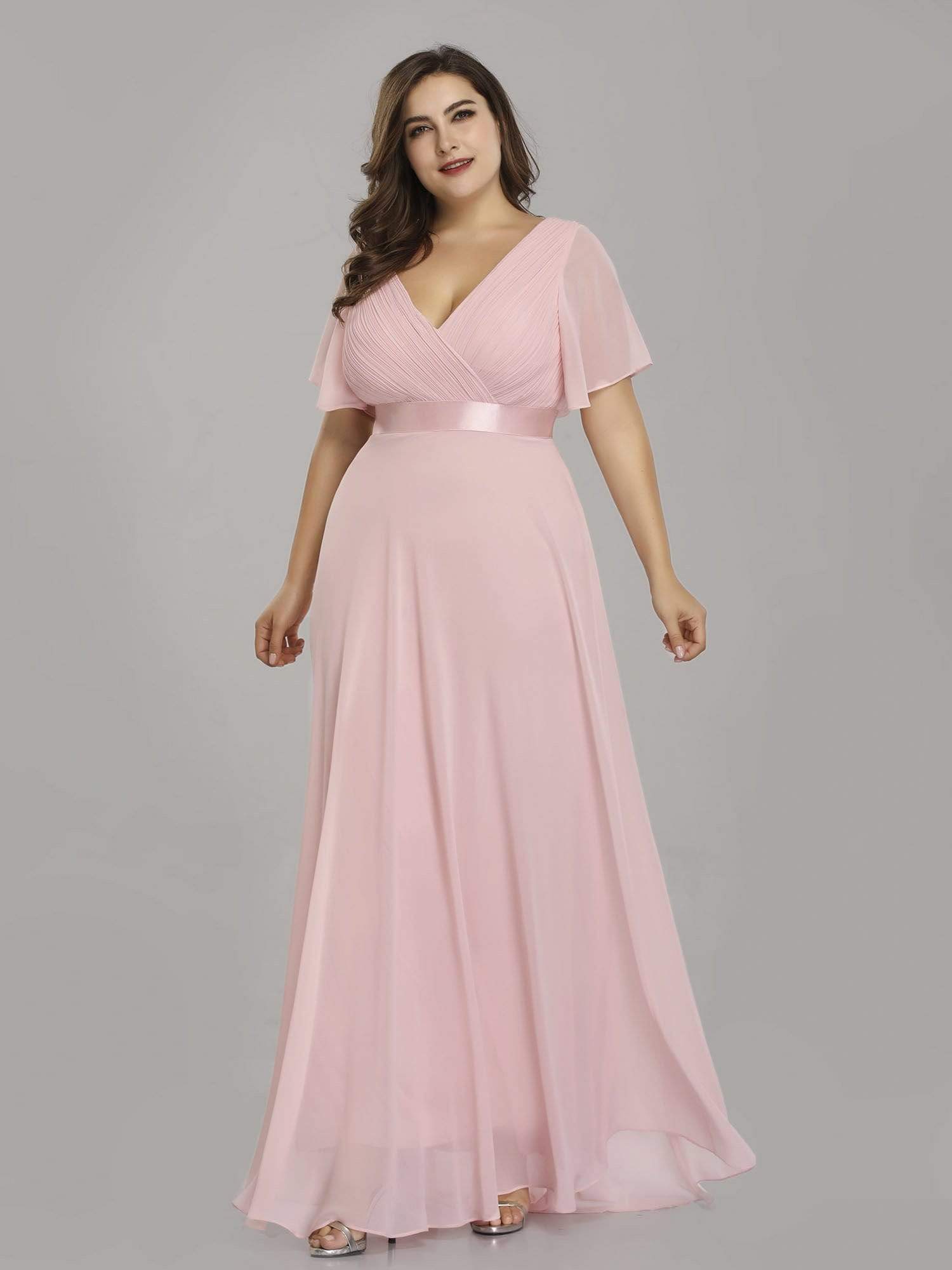 Robe mariage invitée Grande Taille Empire avec Manches Flottantes #Couleur_Rose