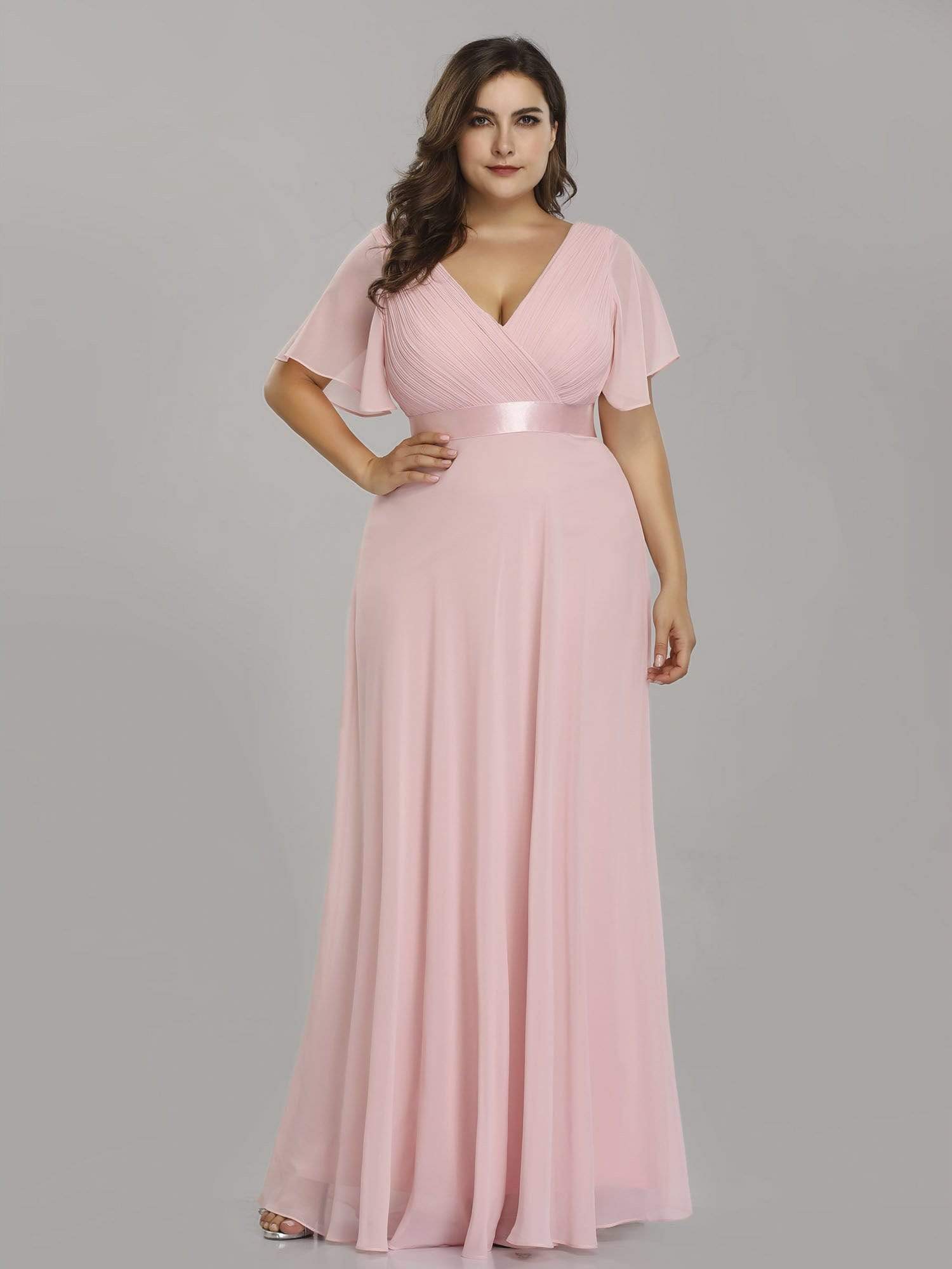 Robe de Soirée Grande Taille Empire avec Manches Flottantes #Couleur_Rose