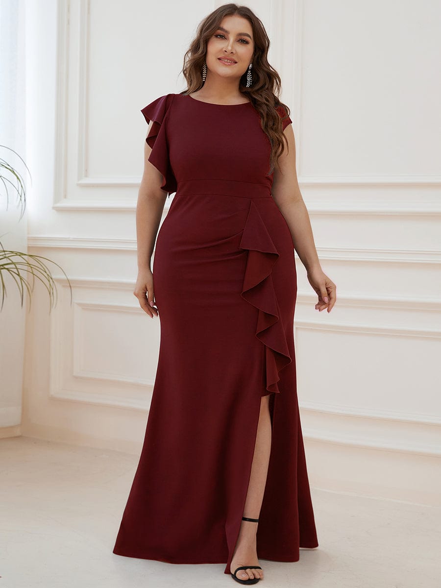 Robe longue fendue sur le devant asymétriques à volants COl U #Couleur_Bordeaux