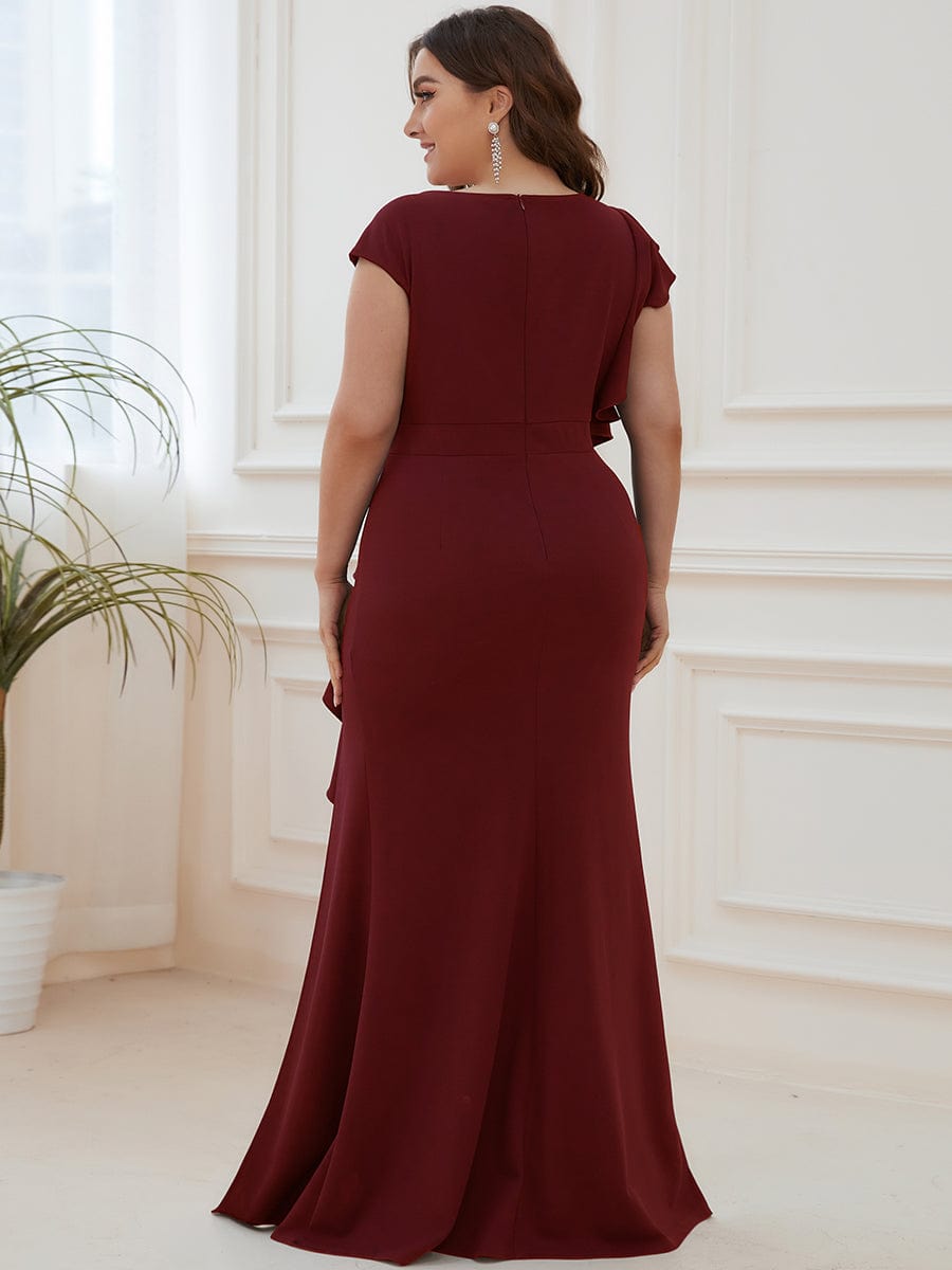 Robe longue fendue sur le devant asymétriques à volants COl U #Couleur_Bordeaux