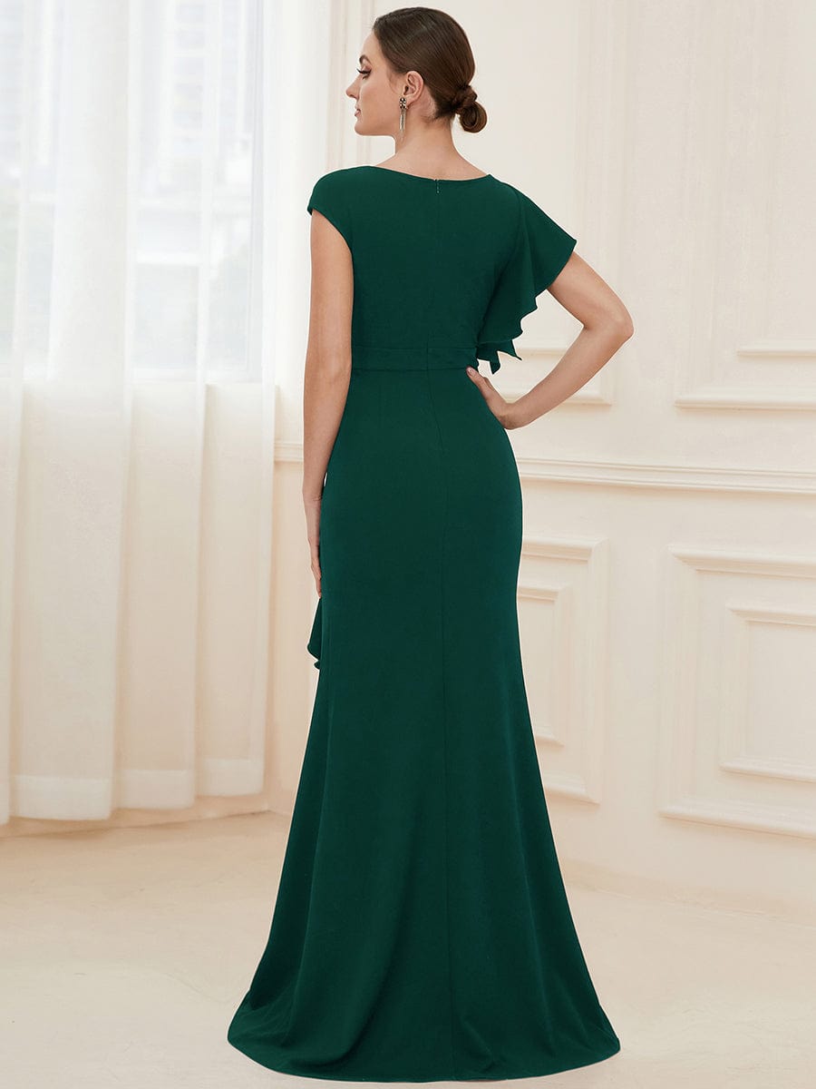 Robe longue fendue sur le devant asymétriques à volants COl U #Couleur_Vert Fonce