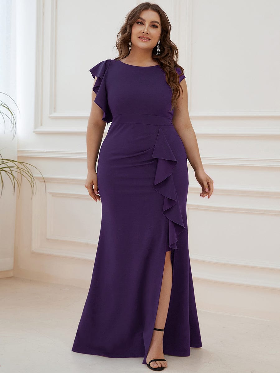 Robe longue fendue sur le devant asymétriques à volants COl U #Couleur_Violet Fonce