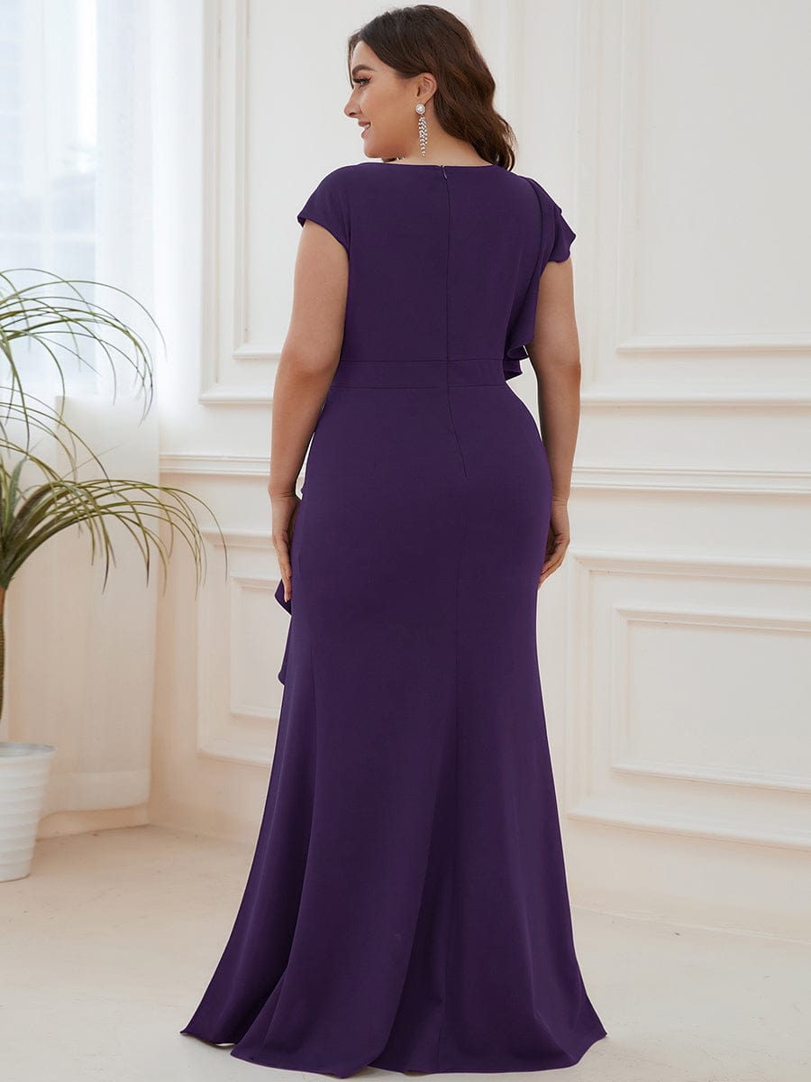 Robe longue fendue sur le devant asymétriques à volants COl U #Couleur_Violet Fonce