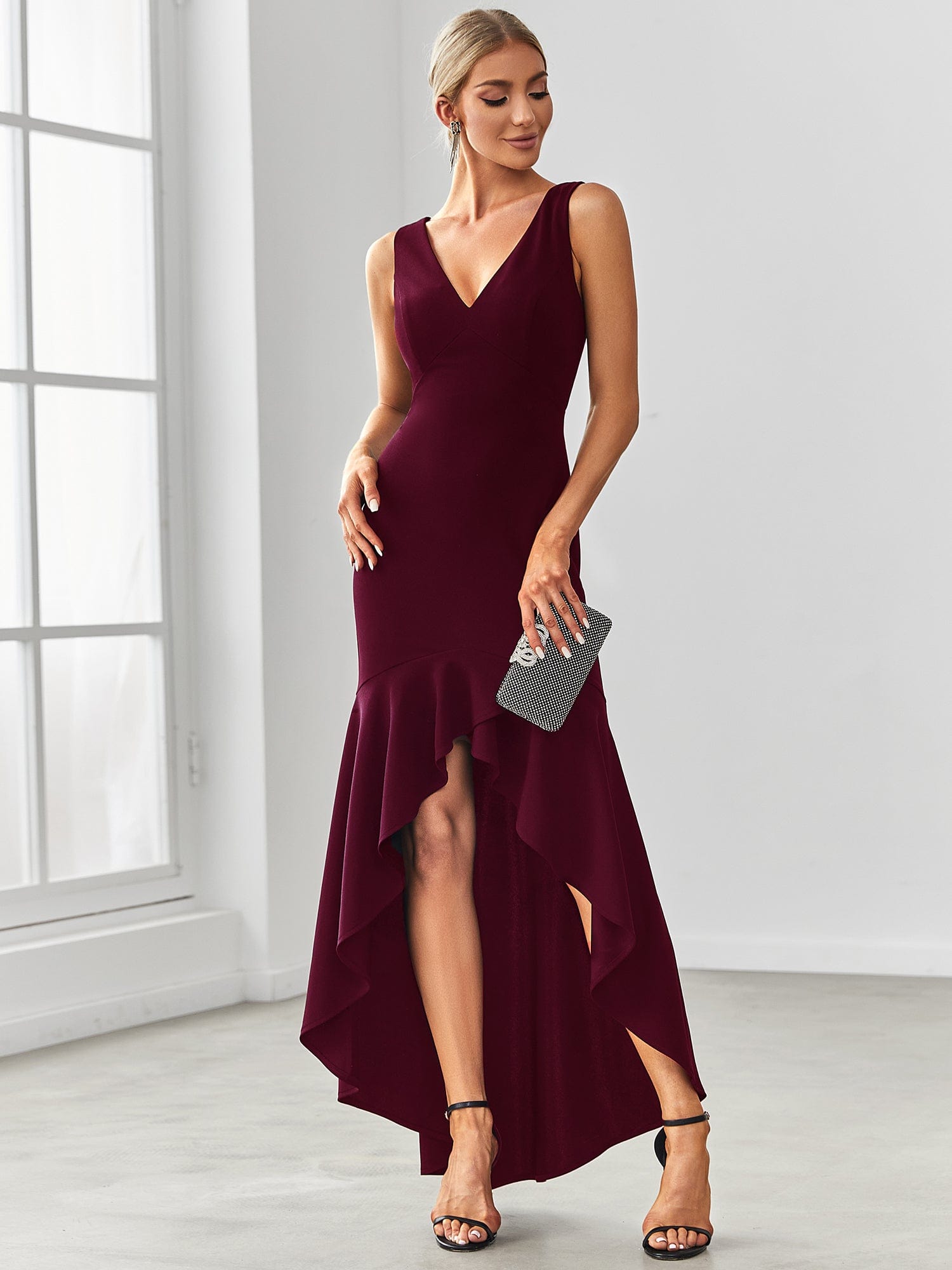 Robe Charmant sirène Haut-Bas glamour à double col en V #Couleur_Bordeaux