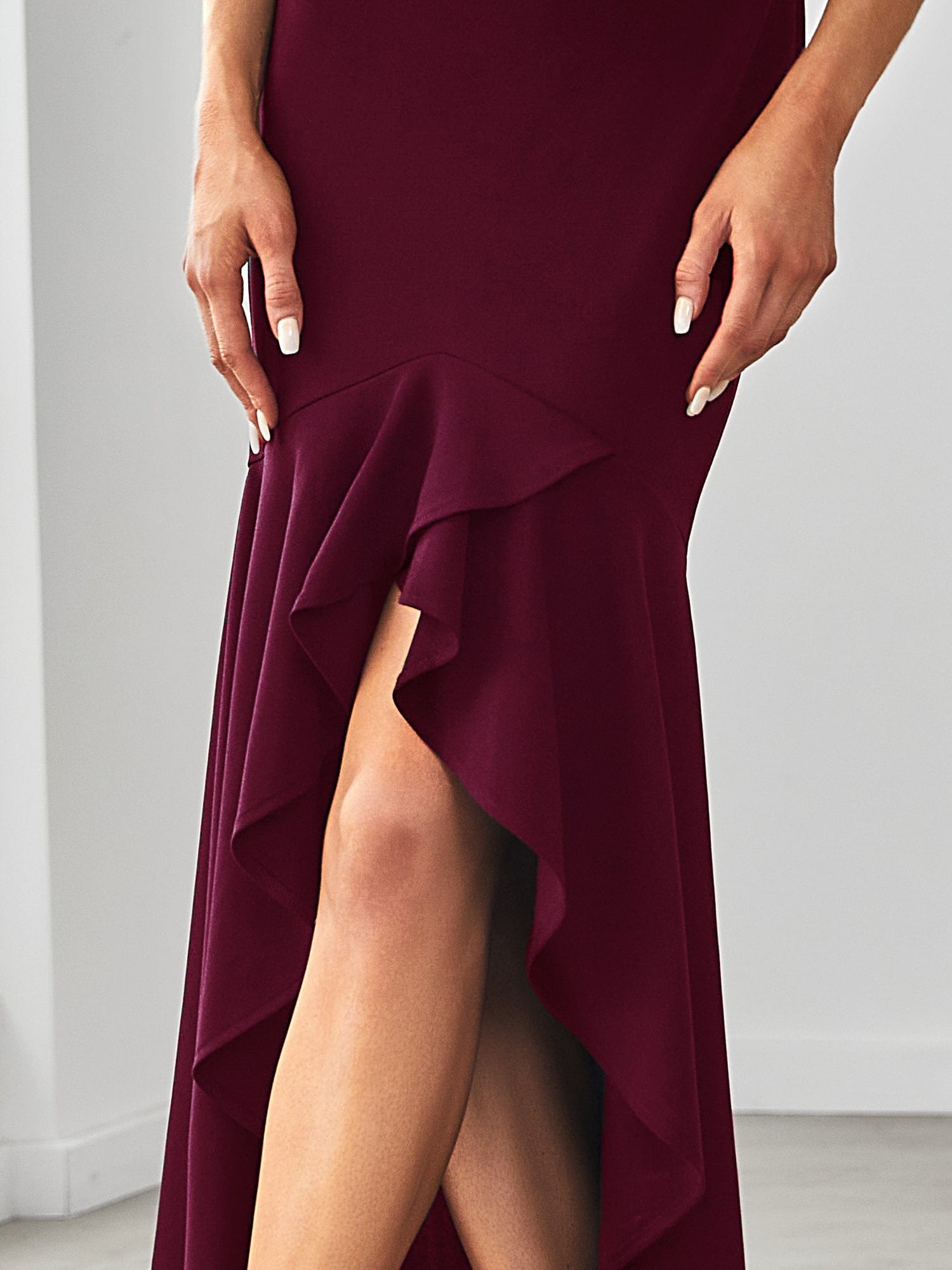 Robe Charmant sirène Haut-Bas glamour à double col en V #Couleur_Bordeaux