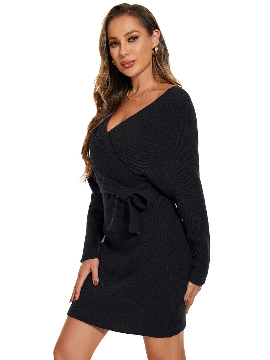 Robe pull moulante en tricot Manches dolman Encolure en V #Couleur_Noir