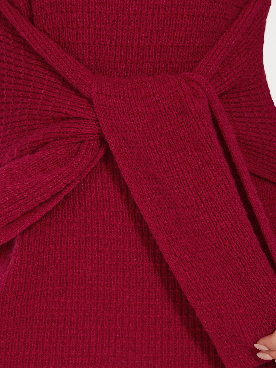 Robe pull moulante en tricot côtelé à taille nouée à la taille #Couleur_Bordeaux