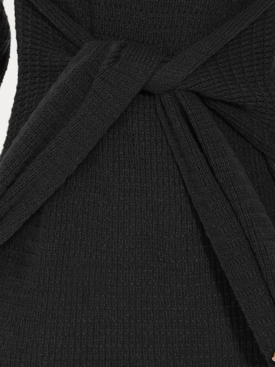 Robe pull moulante en tricot côtelé à taille nouée à la taille #Couleur_Noir