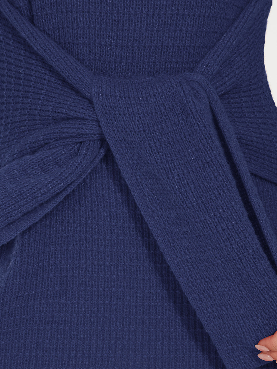 Robe pull moulante en tricot côtelé à taille nouée à la taille #Couleur_Bleu Marine