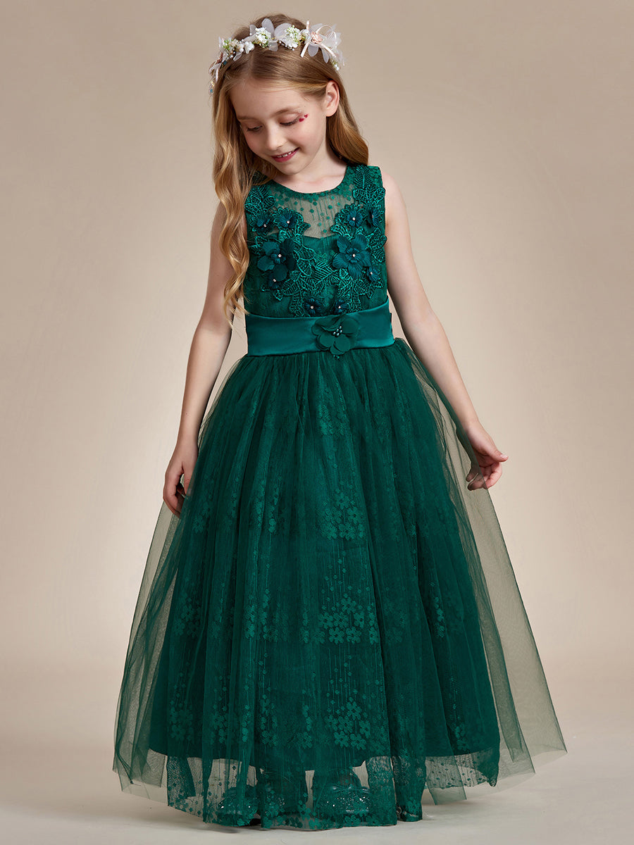 Robe Enfant d'Honneur Princesse en Tulle Floral avec Applique et Dos en Satin #Couleur_Vert Fonce