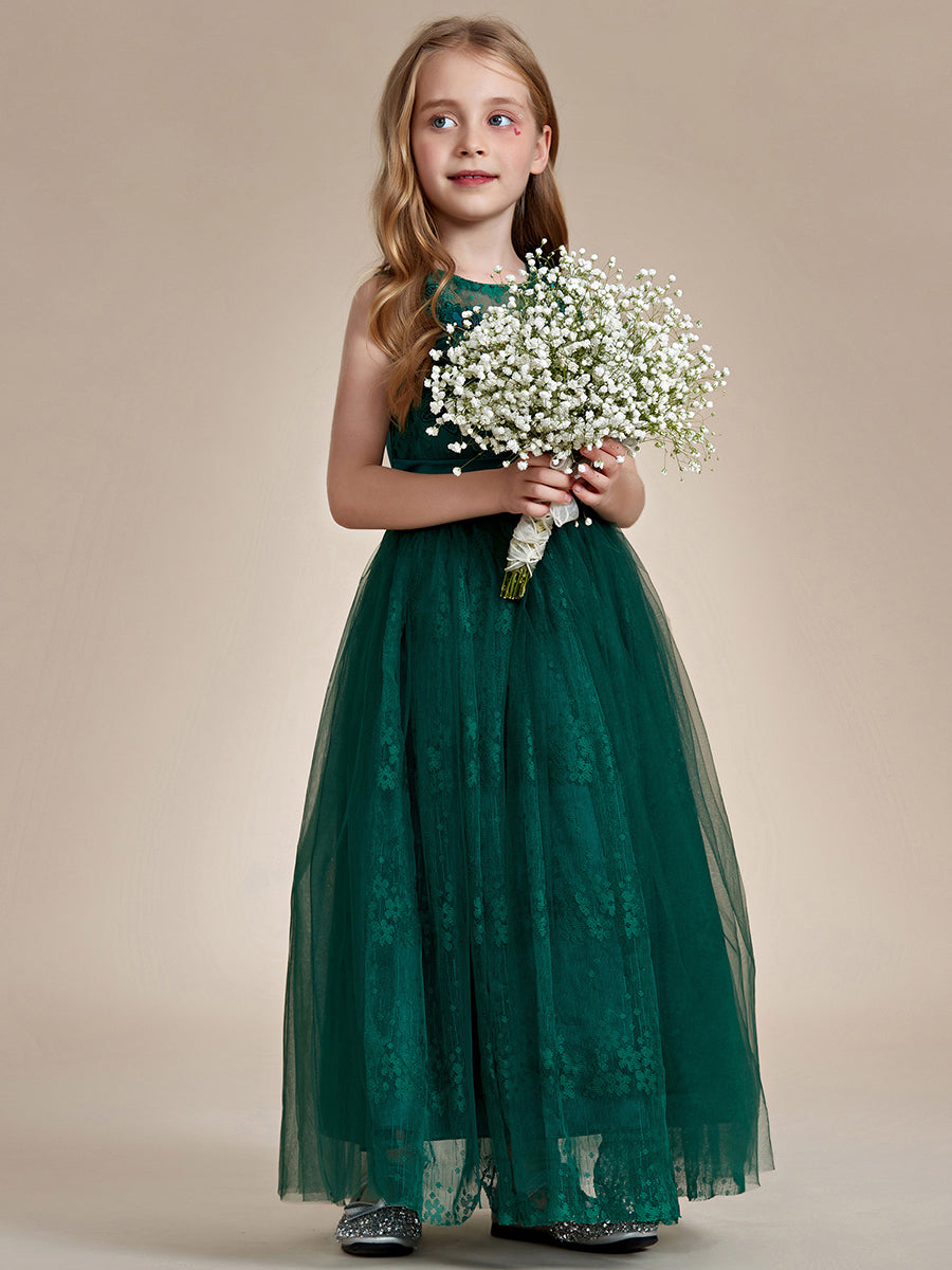 Robe Enfant d'Honneur Princesse en Tulle Floral avec Applique et Dos en Satin #Couleur_Vert Fonce