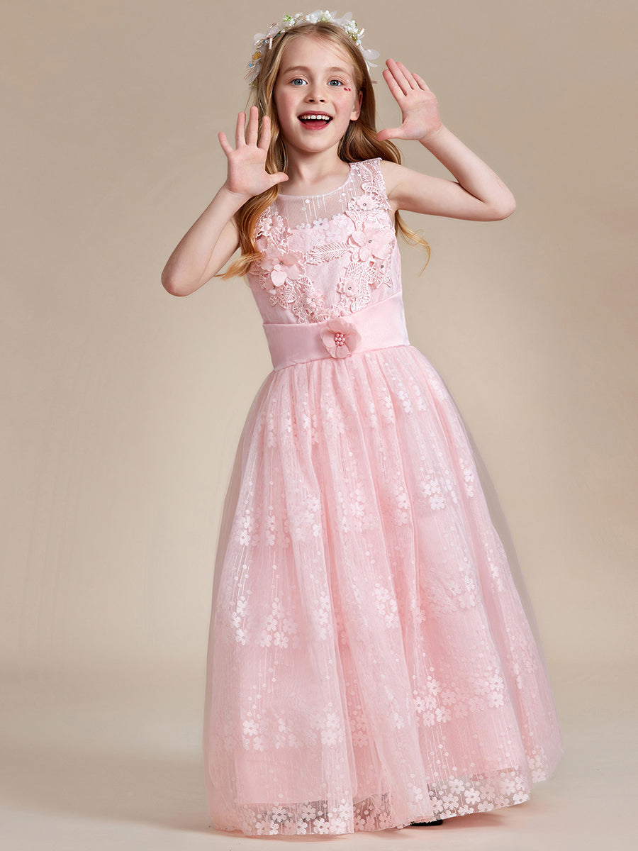 Robe Enfant d'Honneur Princesse en Tulle Floral avec Applique et Dos en Satin #Couleur_Rose