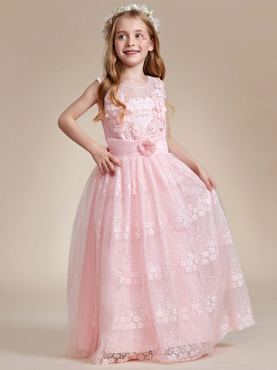 Robe Enfant d'Honneur Princesse en Tulle Floral avec Applique et Dos en Satin #Couleur_Rose