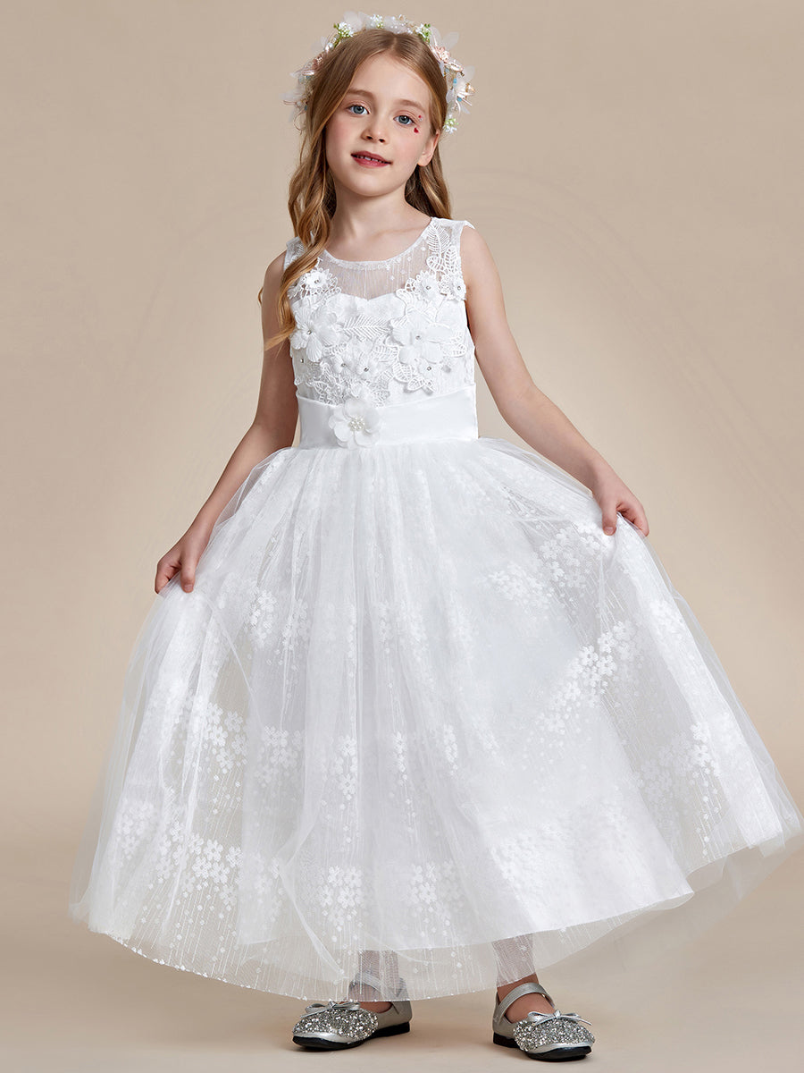 Robe Enfant d'Honneur Princesse en Tulle Floral avec Applique et Dos en Satin #Couleur_Blanc
