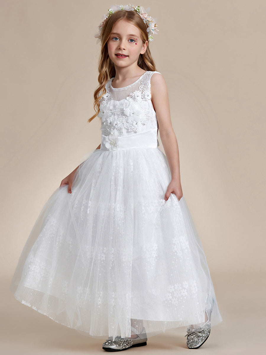 Robe Enfant d'Honneur Princesse en Tulle Floral avec Applique et Dos en Satin #Couleur_Blanc