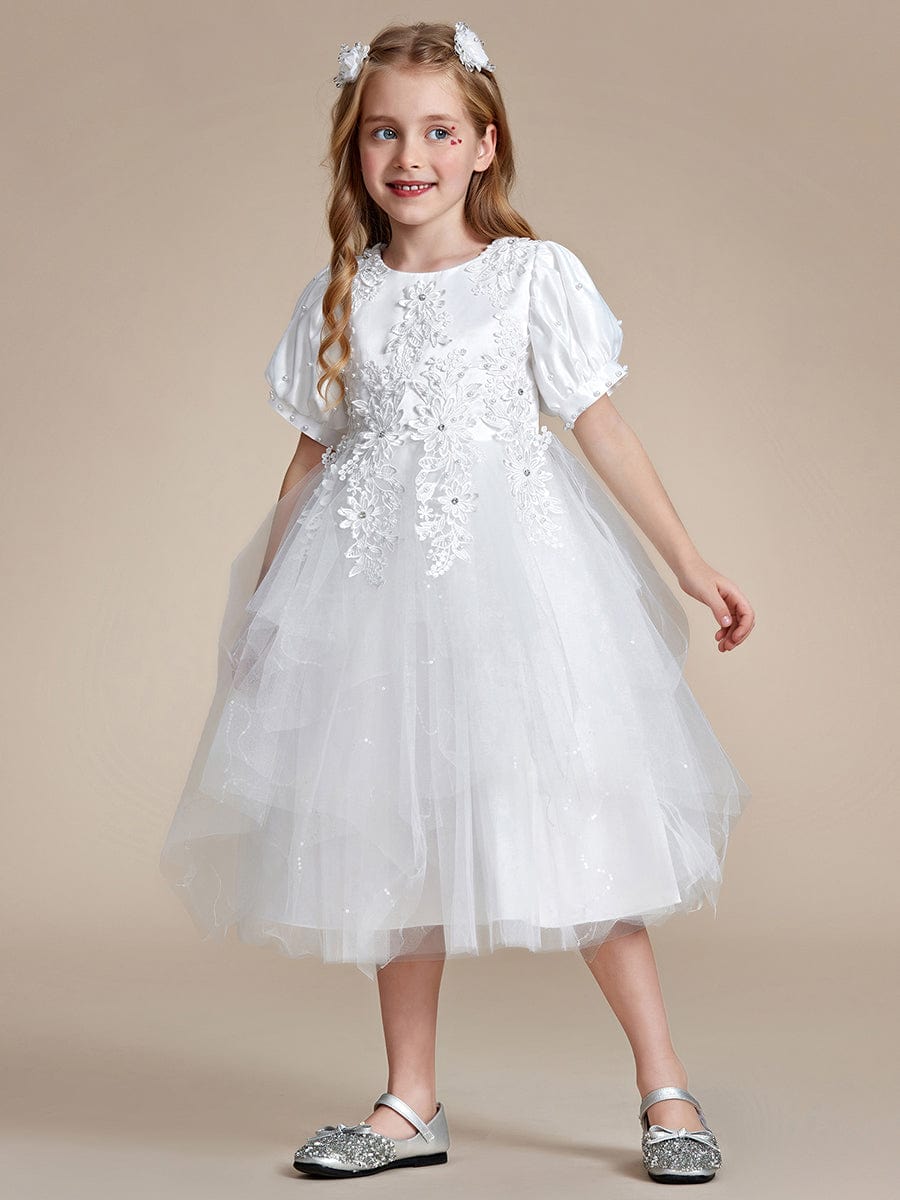 Robe Enfant d'Honneur princesse Jolie en dentelle à manches bouffantes #Couleur_Blanc