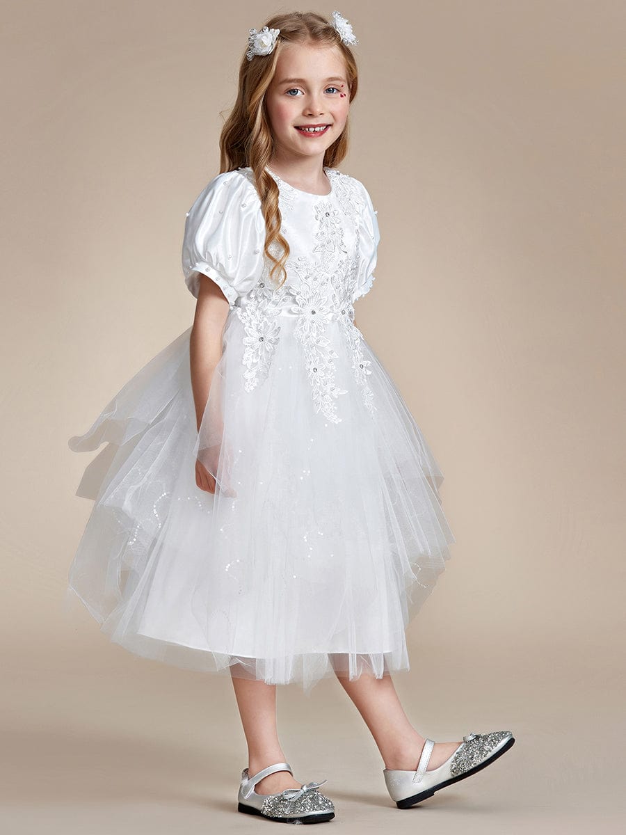 Robe Enfant d'Honneur princesse Jolie en dentelle à manches bouffantes #Couleur_Blanc