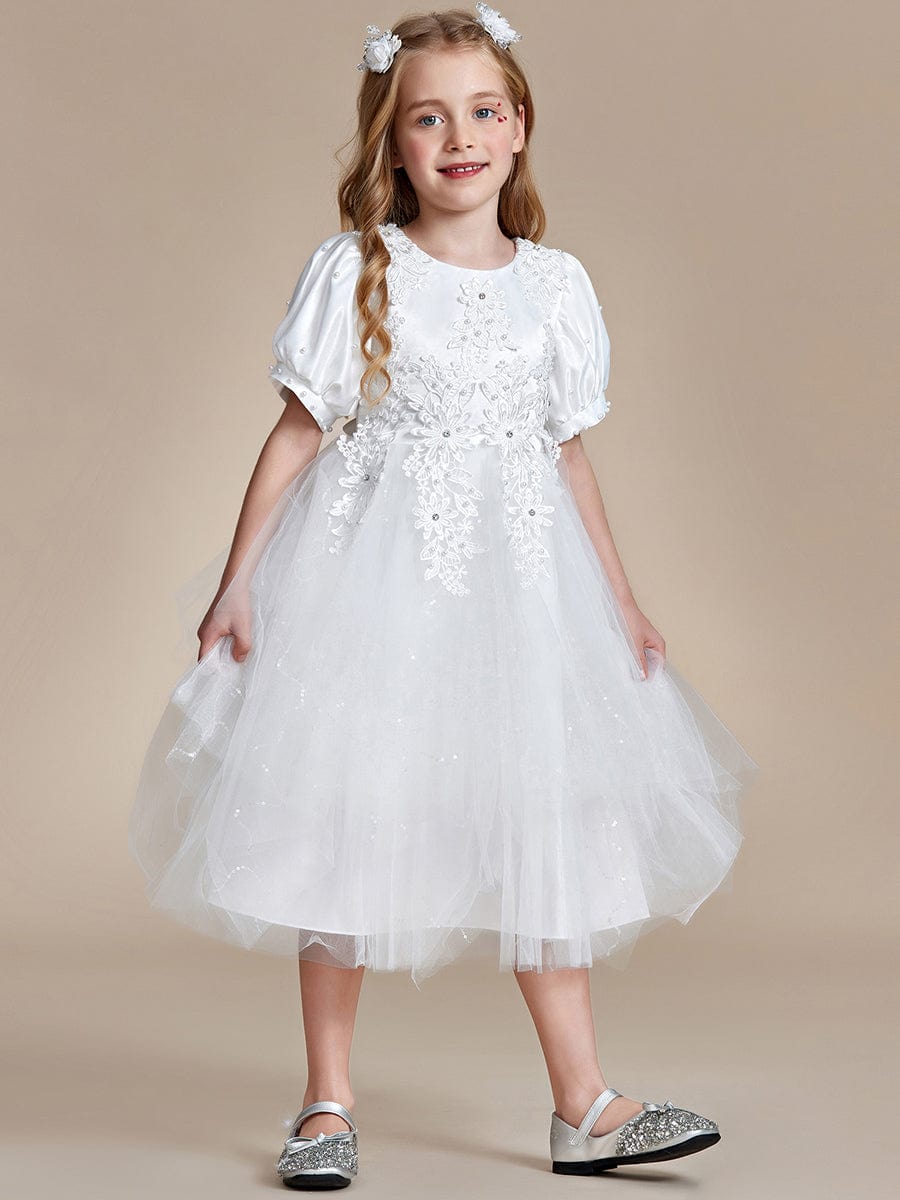 Robe Enfant d'Honneur princesse Jolie en dentelle à manches bouffantes #Couleur_Blanc