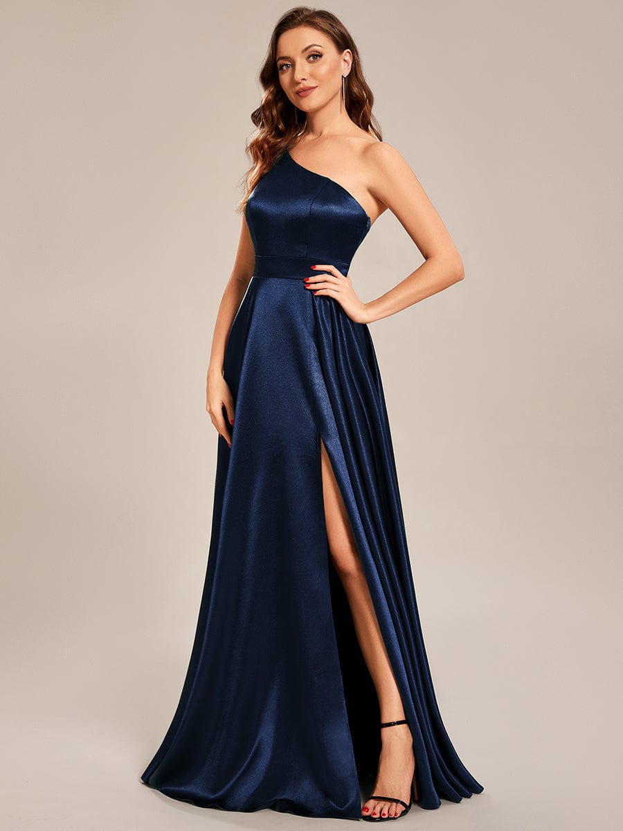 Taille personnalisée Robe de bal une épaule longue en satin une ligne #Couleur_Bleu Marine