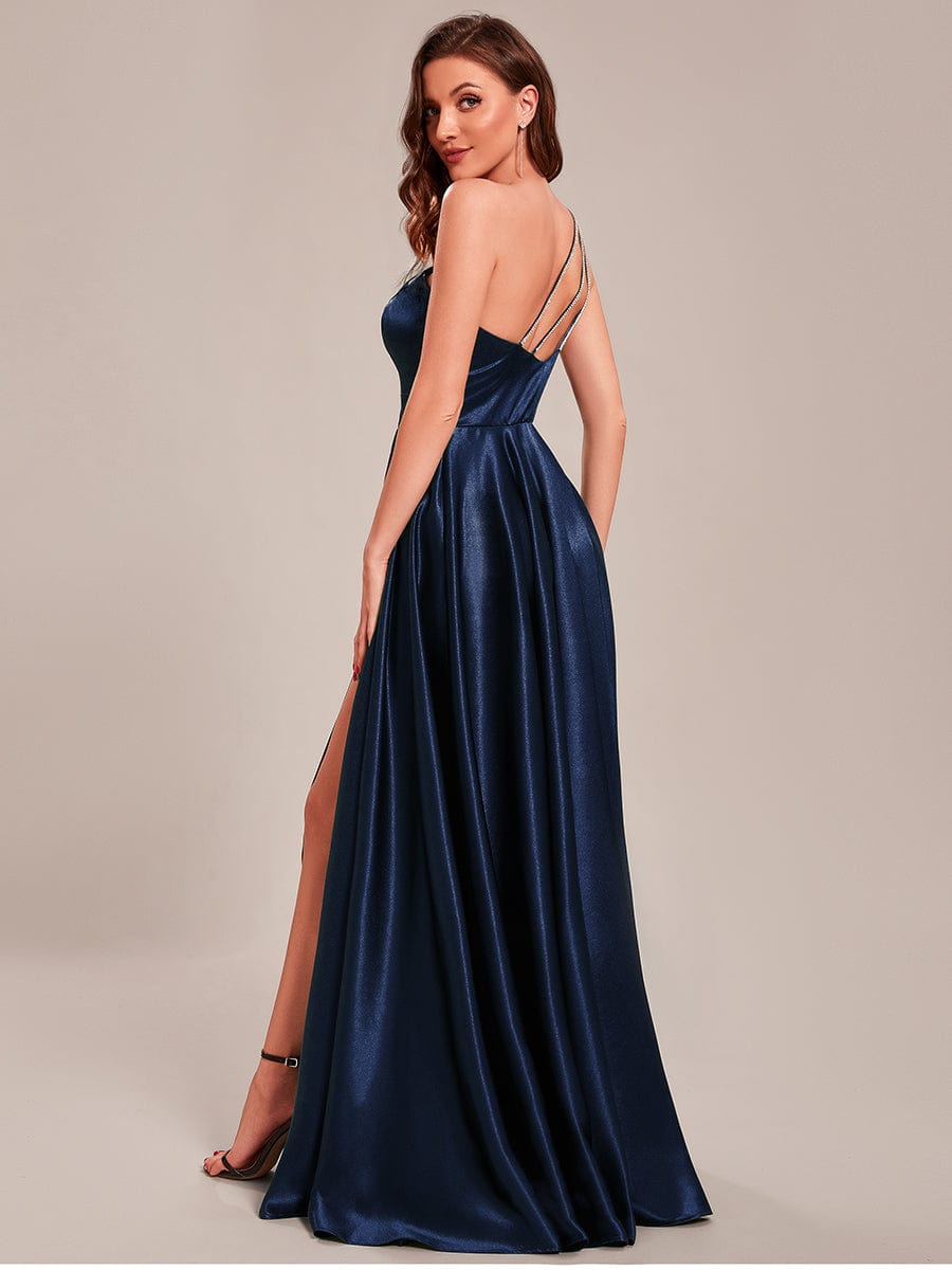 Taille personnalisée Robe de bal une épaule longue en satin une ligne #Couleur_Bleu Marine