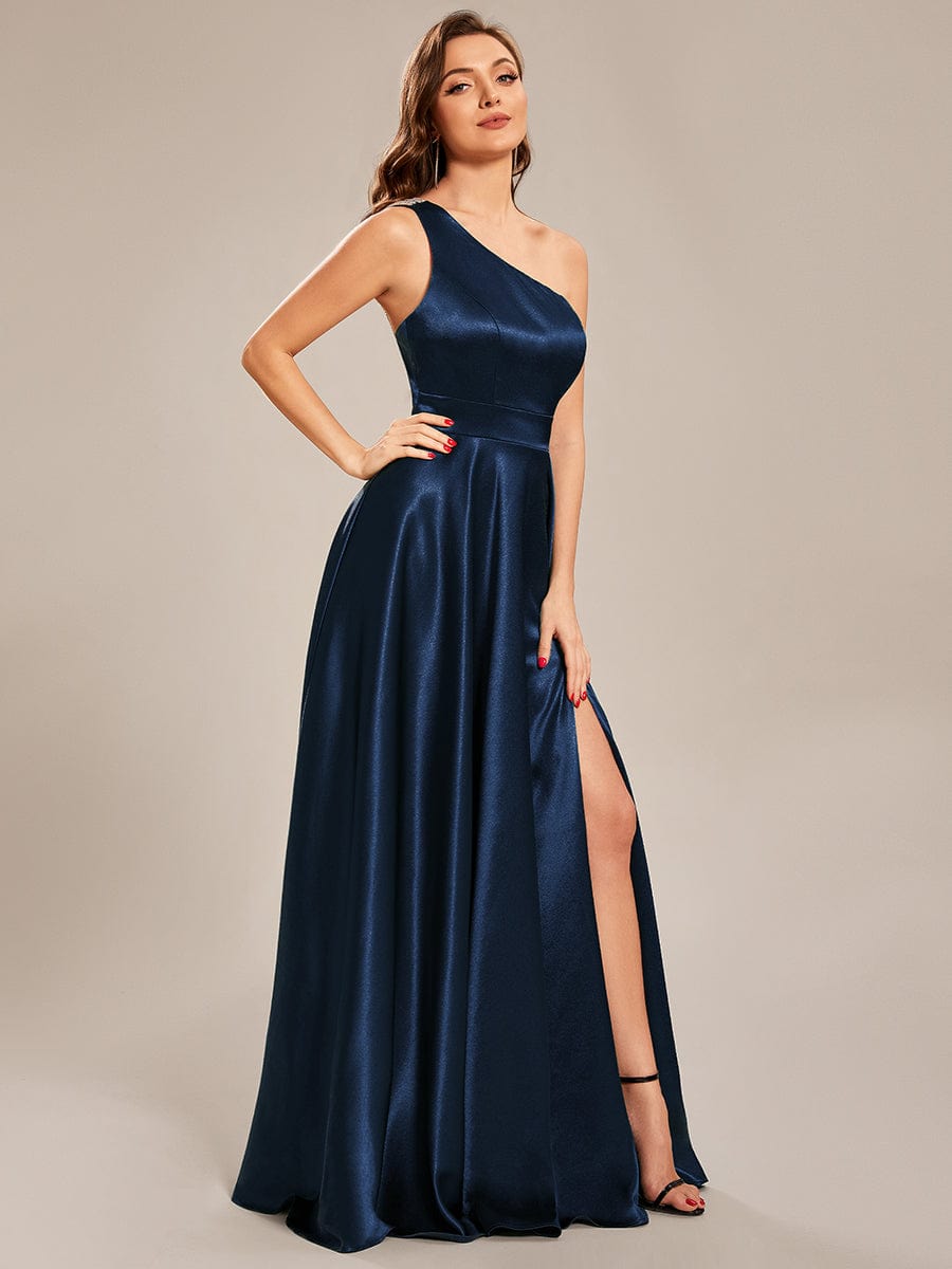 Taille personnalisée Robe de bal une épaule longue en satin une ligne #Couleur_Bleu Marine