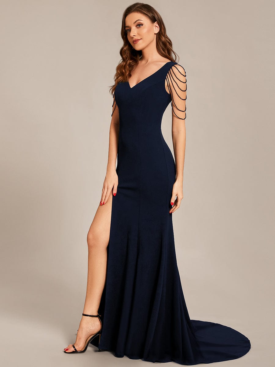 Taille personnalisée Robe de bal moulante fendue en crêpe extensible col en V #Couleur_Bleu Marine