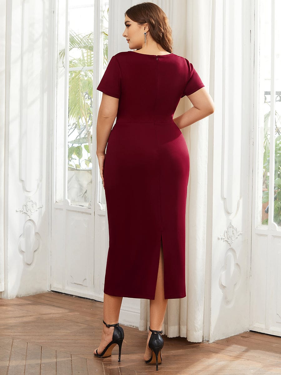 Robe décontractée fourreau à col en V et à taille nouée à manches courtes #Couleur_Bordeaux