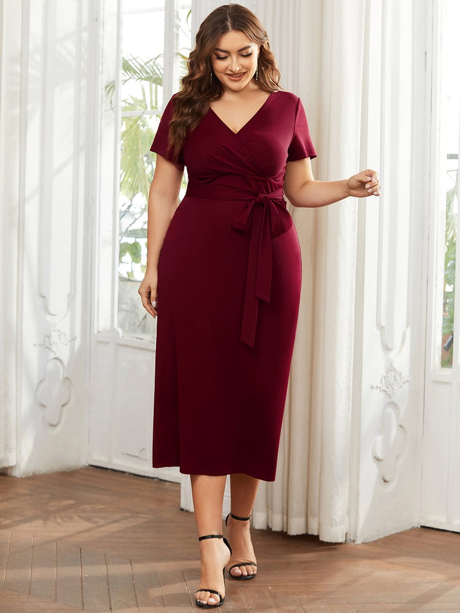 Robe décontractée fourreau à col en V et à taille nouée à manches courtes #Couleur_Bordeaux