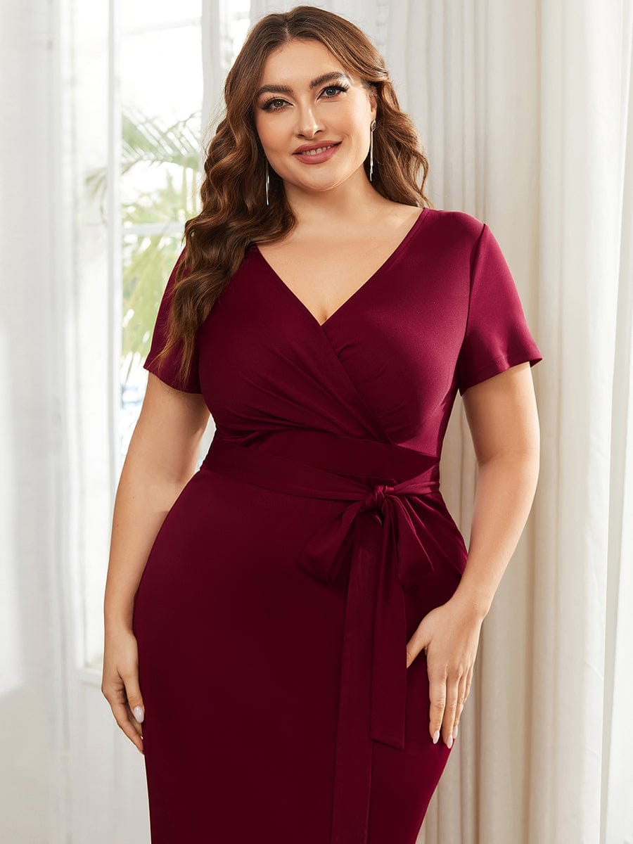 Robe décontractée fourreau à col en V et à taille nouée à manches courtes #Couleur_Bordeaux