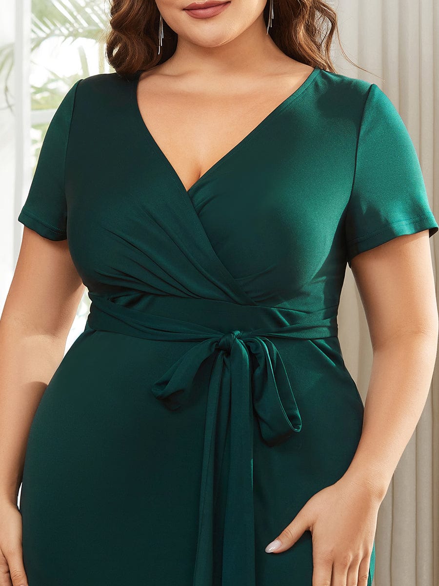 Robe décontractée fourreau à col en V et à taille nouée à manches courtes #Couleur_Vert Fonce