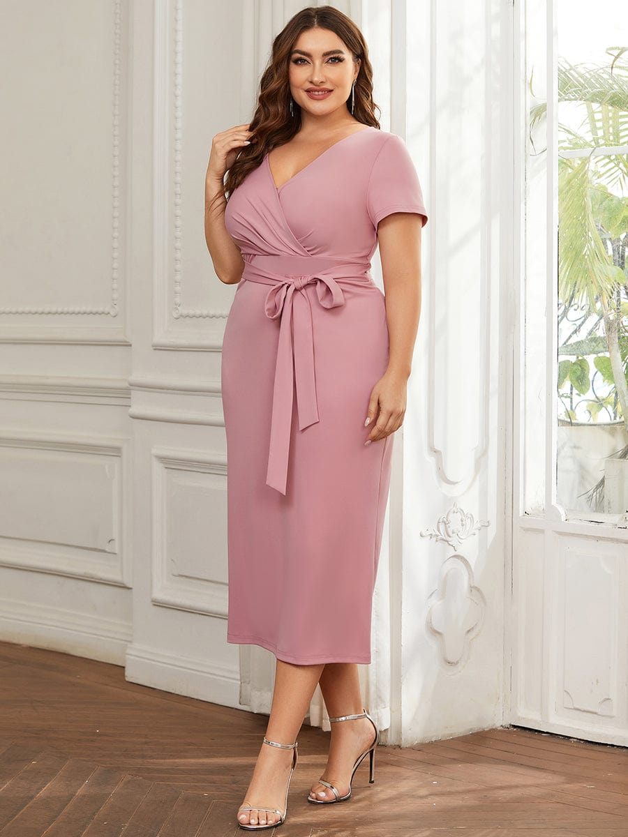 Robe décontractée fourreau à col en V et à taille nouée à manches courtes #Couleur_Rose fumee