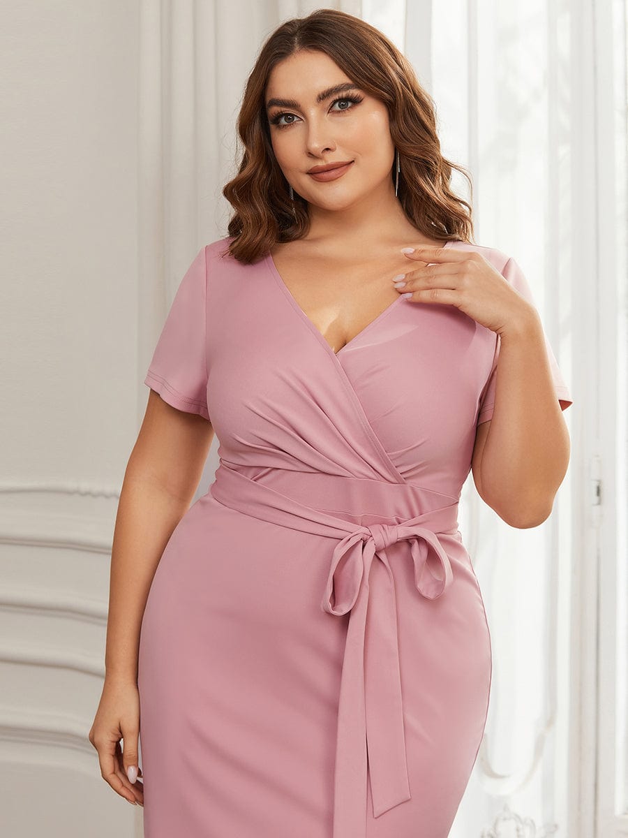 Robe décontractée fourreau à col en V et à taille nouée à manches courtes #Couleur_Rose fumee