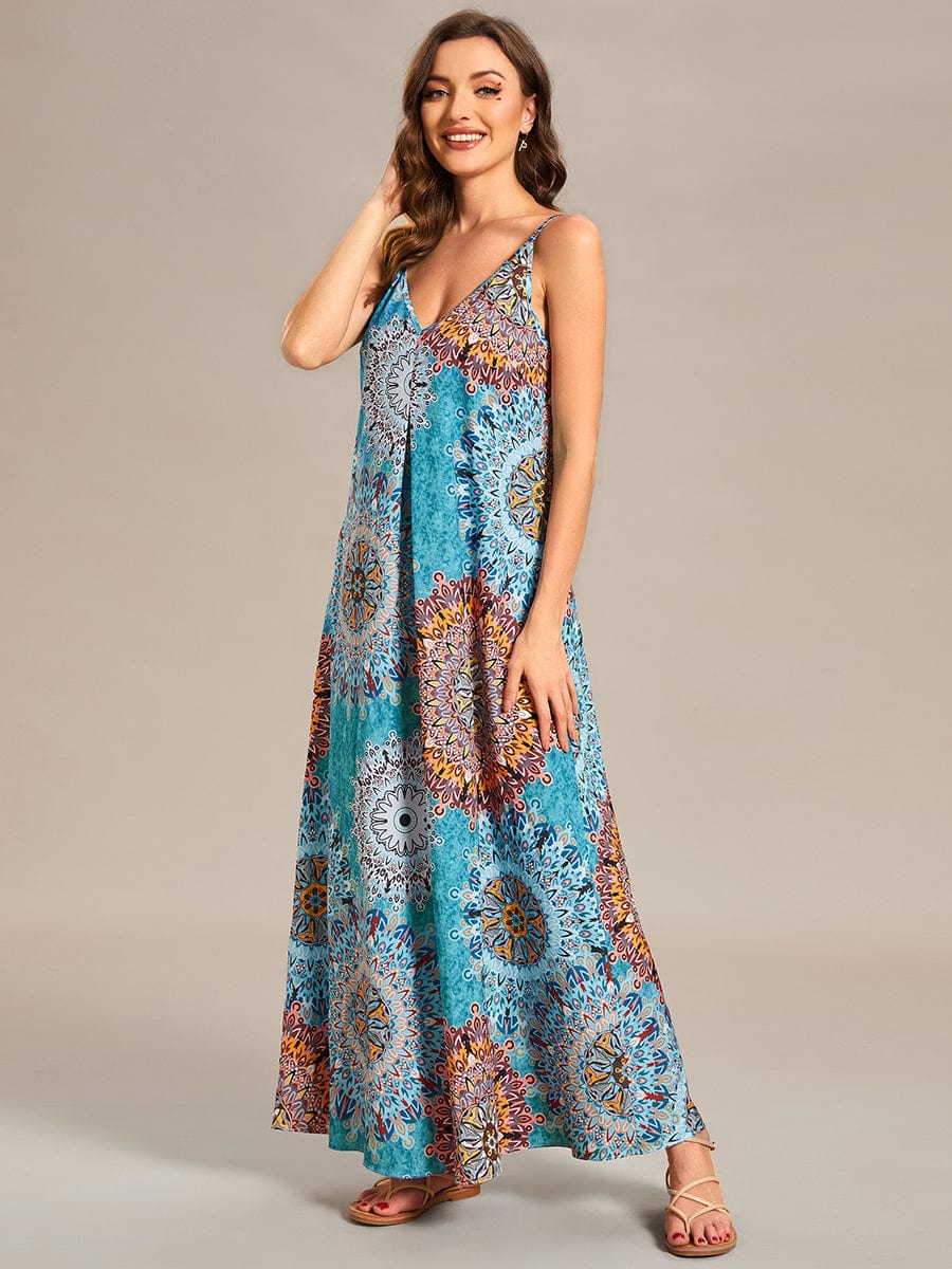 Robe d'été Plage Vacances maxi ample à bretelles fines A Ligne #Couleur_Bleu Clair Boheme