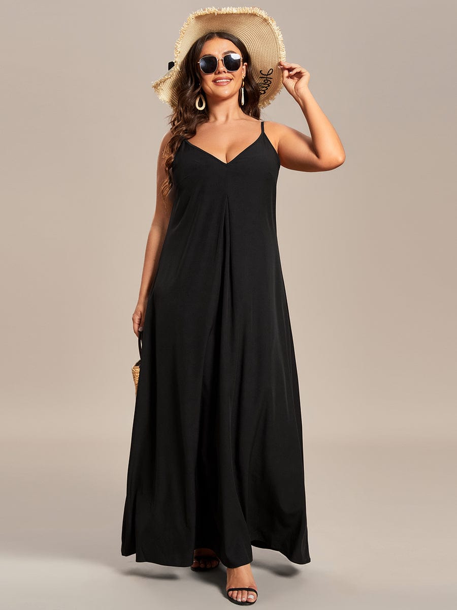 Robe d'été Plage Vacances maxi ample à bretelles fines A Ligne #Couleur_Noir