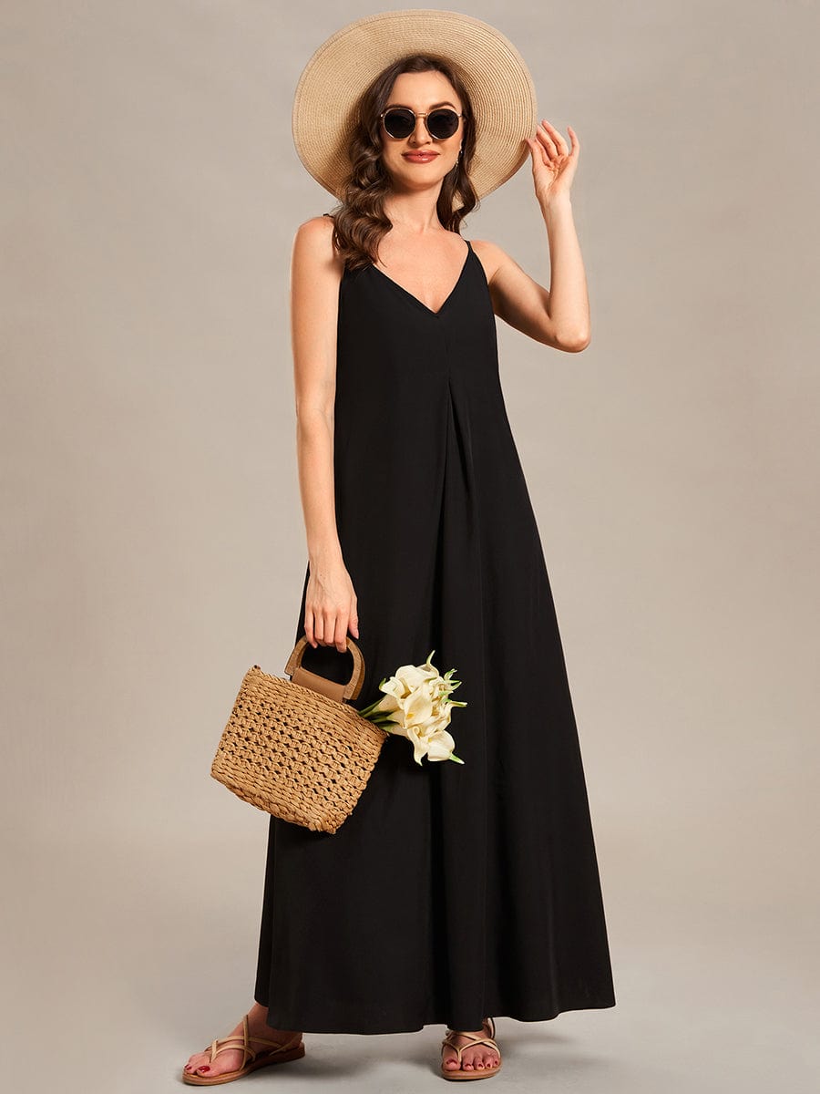 Robe d'été Plage Vacances maxi ample à bretelles fines A Ligne #Couleur_Noir