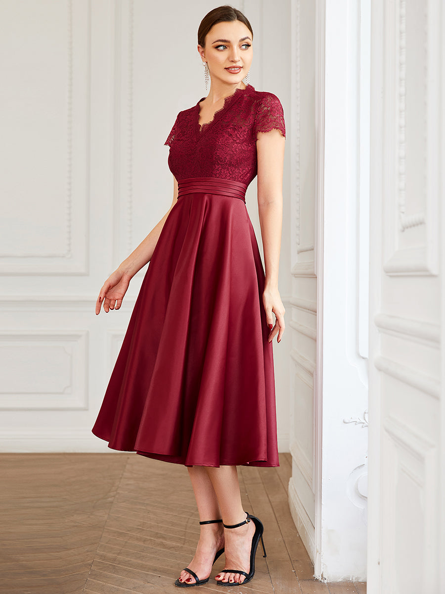 Élégante Robe mariage invitée mi-longue à manches courtes #Couleur_Bordeaux