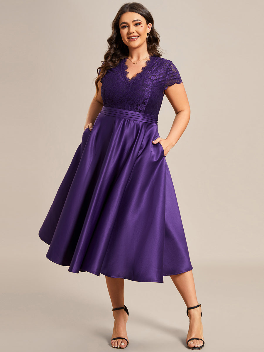 Élégante robe de soirée mi-longue à manches courtes et à fleurs brodées à col en V #Couleur_Violet Fonce