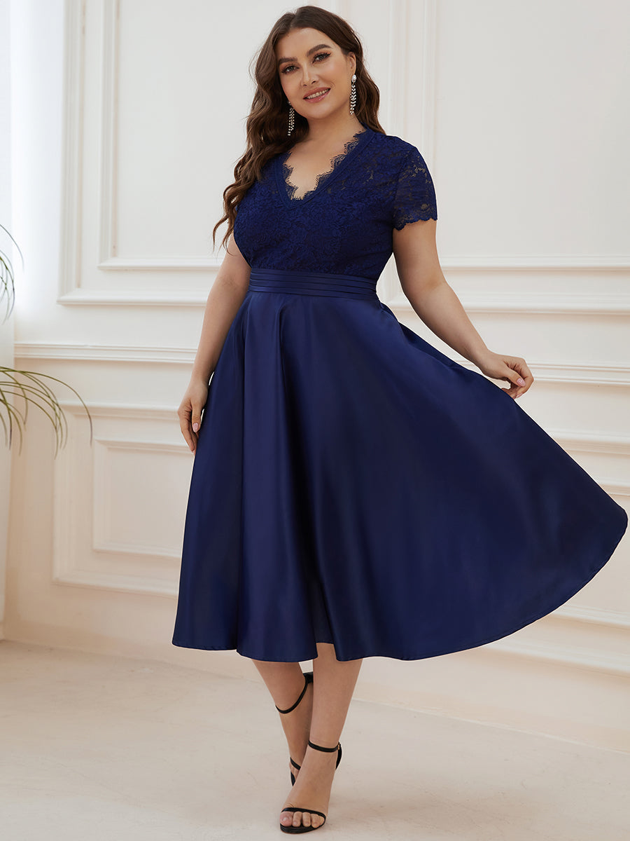 Élégante Robe mariage invitée mi-longue à manches courtes #Couleur_Bleu Marine