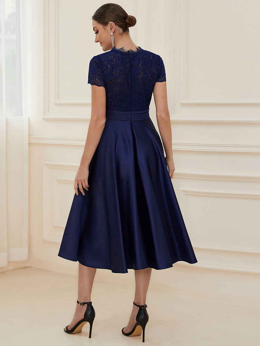 Élégante Robe mariage invitée mi-longue à manches courtes #Couleur_Bleu Marine