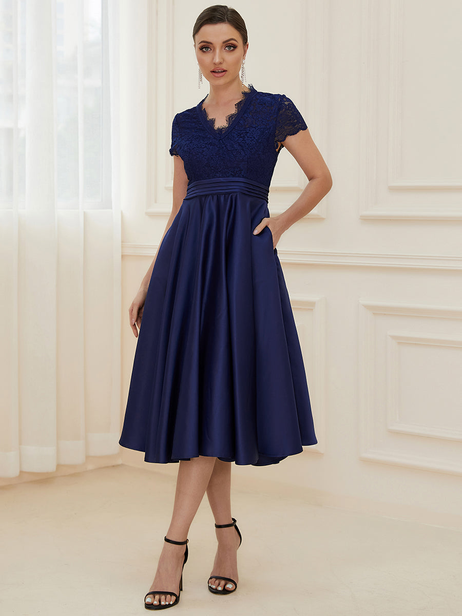 Élégante Robe mariage invitée mi-longue à manches courtes #Couleur_Bleu Marine