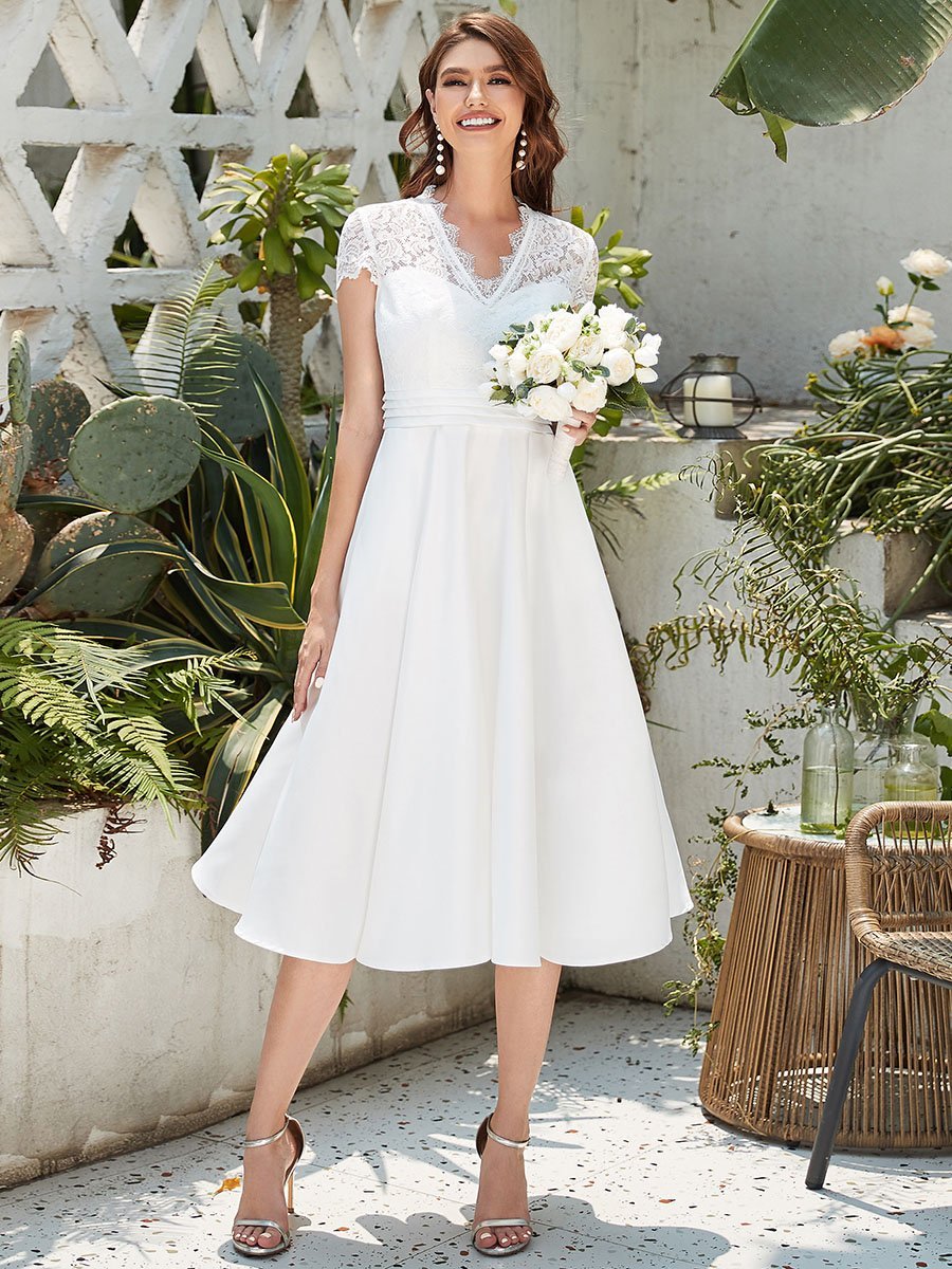 Élégante Robe mariage invitée mi-longue à manches courtes #Couleur_Blanc