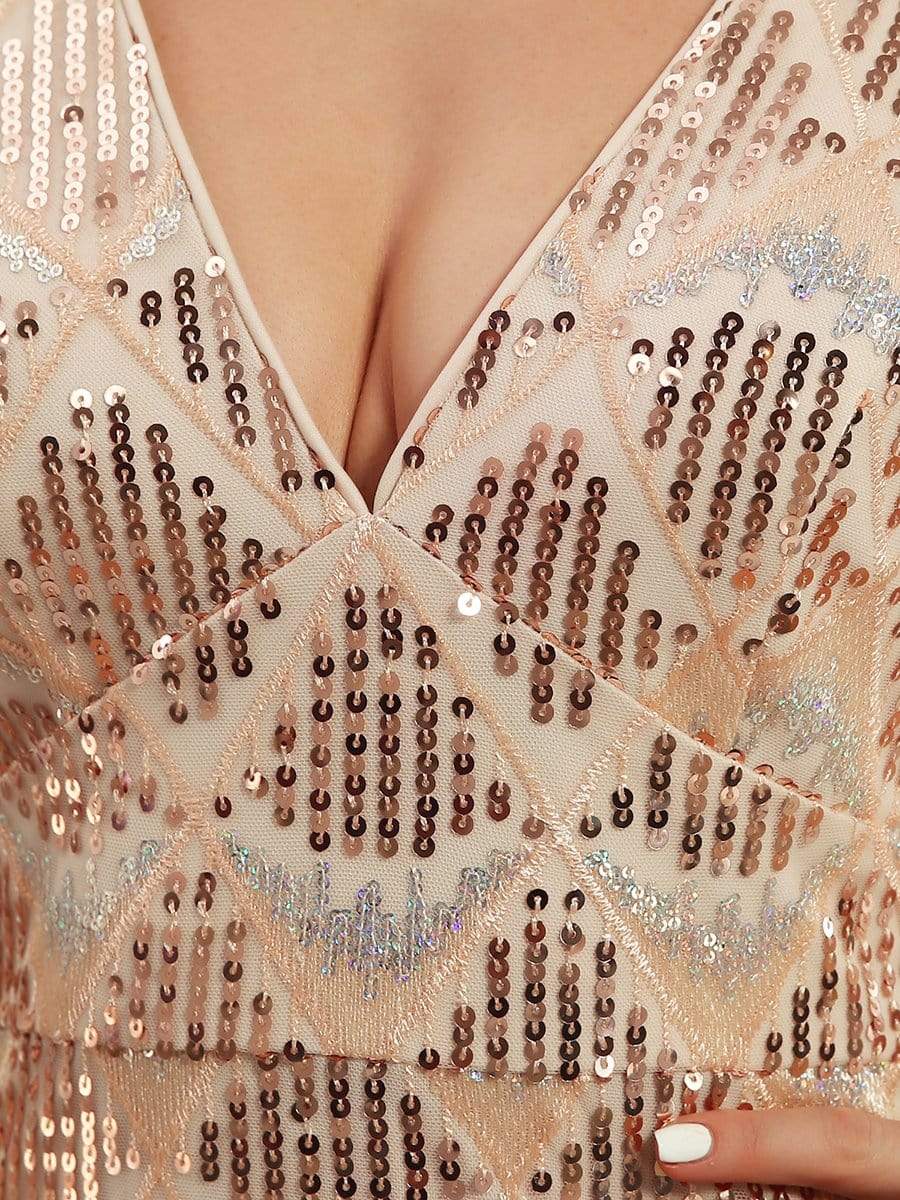 Robe de cocktail courte à paillettes en V profond #Couleur_Blush