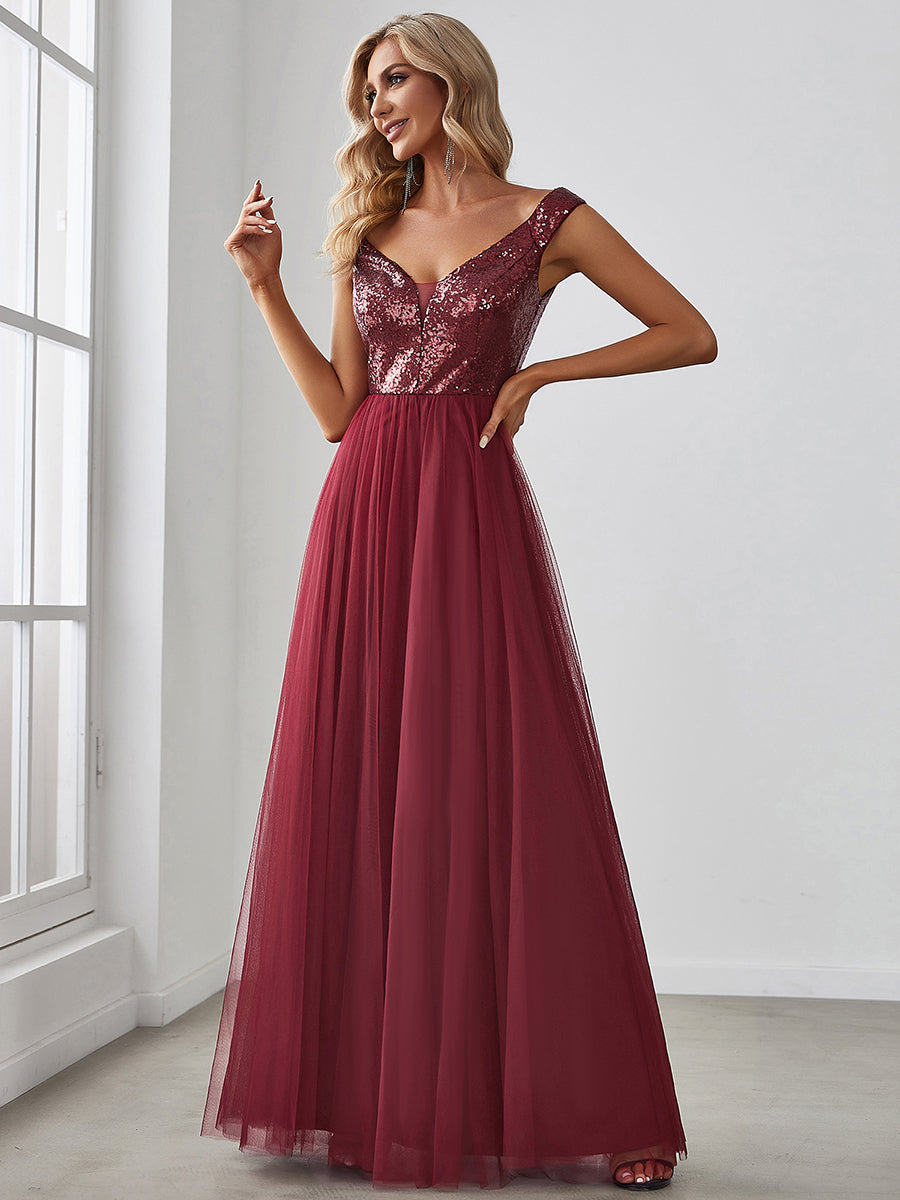 Superbe robe de soirée sans manches en tulle et paillettes taille haute #Couleur_Bordeaux